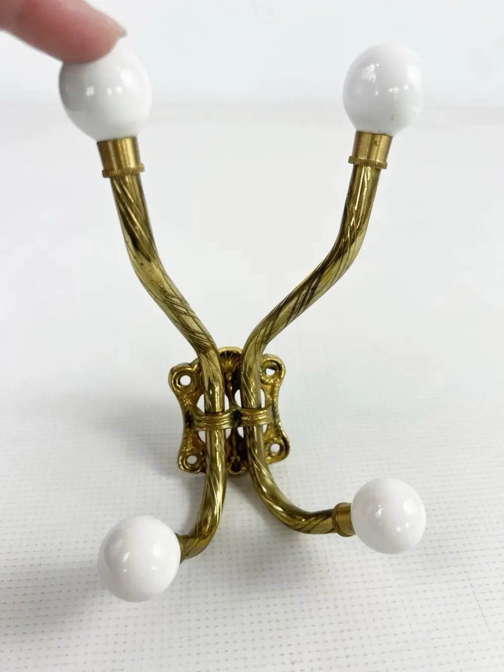 Vintage Wall Mounted 4-Hook Coat Rack Brass With White Knobs Patina Age